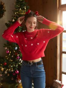 Knit Mix 花卉刺繡套頭毛衣 - 紅色 - 查看 6