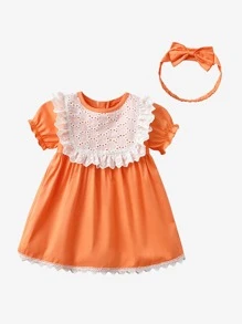 夏天女嬰蕾絲洋裝短袖公主裙適用於兒童和嬰兒 - 橘色 - 查看 3