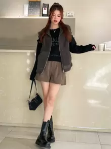 DAZY Zip Up Teddy Vest Coat - Dark Grey - View 11