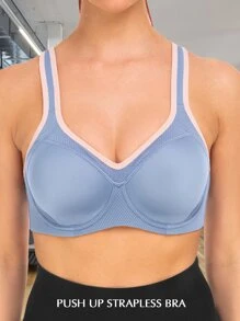 WINGSLOVE Contrast Binding Breathable Softness Sports Bra - Dusty Blue - View 5