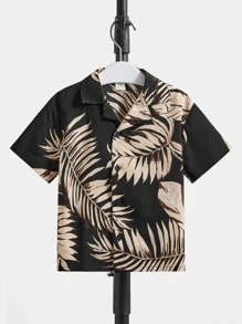 SHEIN Áo sơ mi bé trai Nút phía trước Nhiệt đới Boho - màu đen - Xem 1