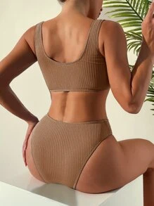 羅紋比基尼套裝背心上衣和泳衣下裝2入組泳衣 - 杏色 - 查看 2