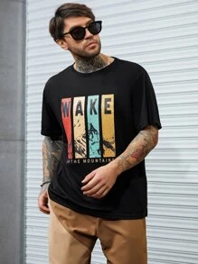 Manfinity Homme Men Plus Mountain & Letter Graphic Tee - Black - View 3