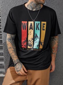 Manfinity Homme Men Plus Mountain & Letter Graphic Tee - Black - View 4