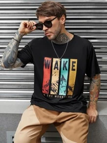 Manfinity Homme Men Plus Mountain & Letter Graphic Tee - Black - View 5