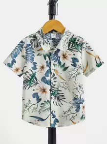 SHEIN 男童休闲宽松舒适百搭花卉印花短袖衬衫