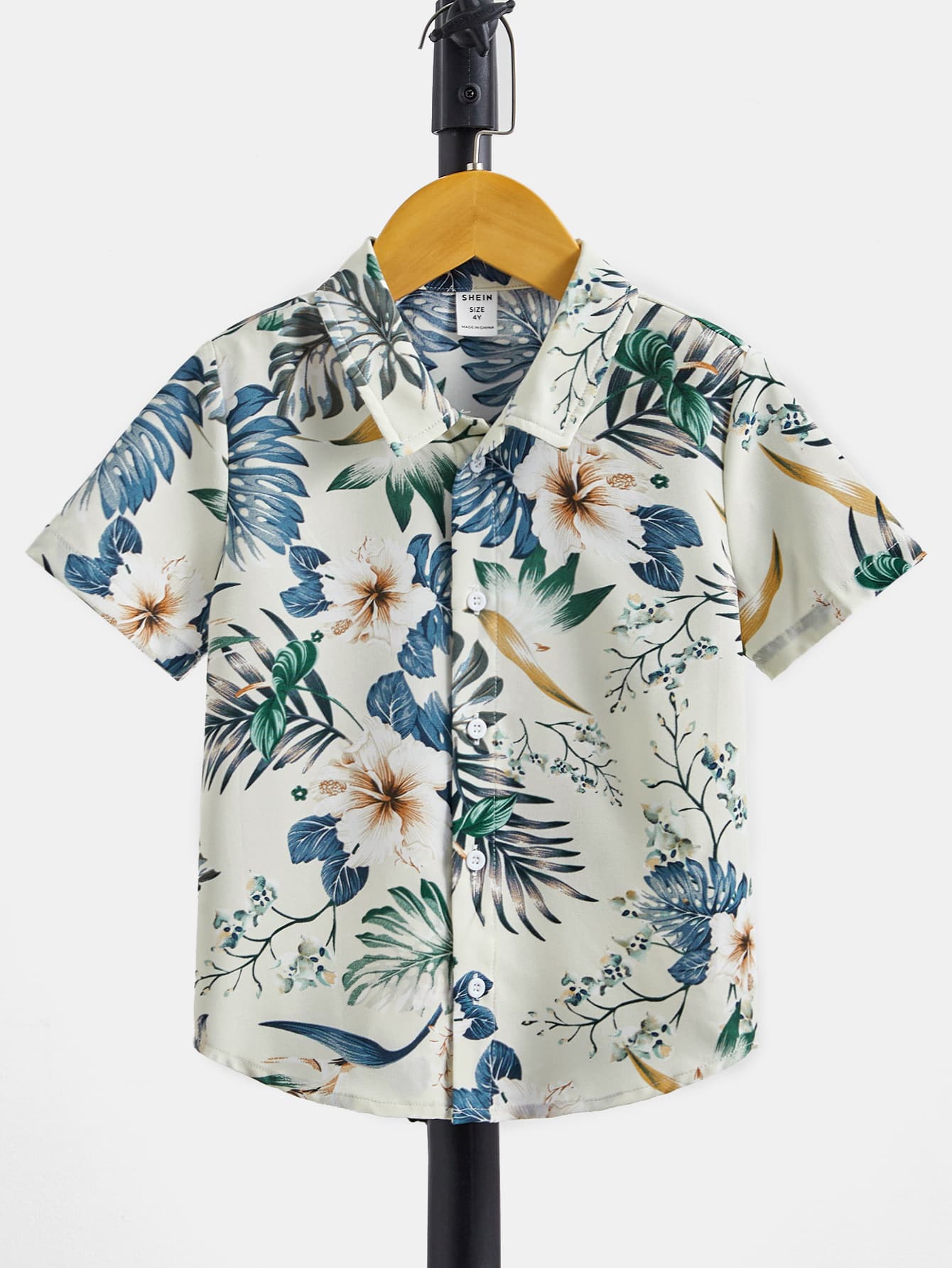 SHEIN 男童休闲宽松舒适百搭花卉印花短袖衬衫