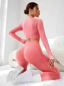 Seamless Raglan Sleeve Wide Waistband Sports Set - Watermelon Pink - View 1