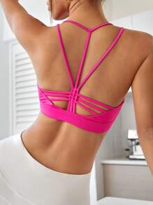 Solid Criss Cross Back Sports Bra - Hot Pink - View 1