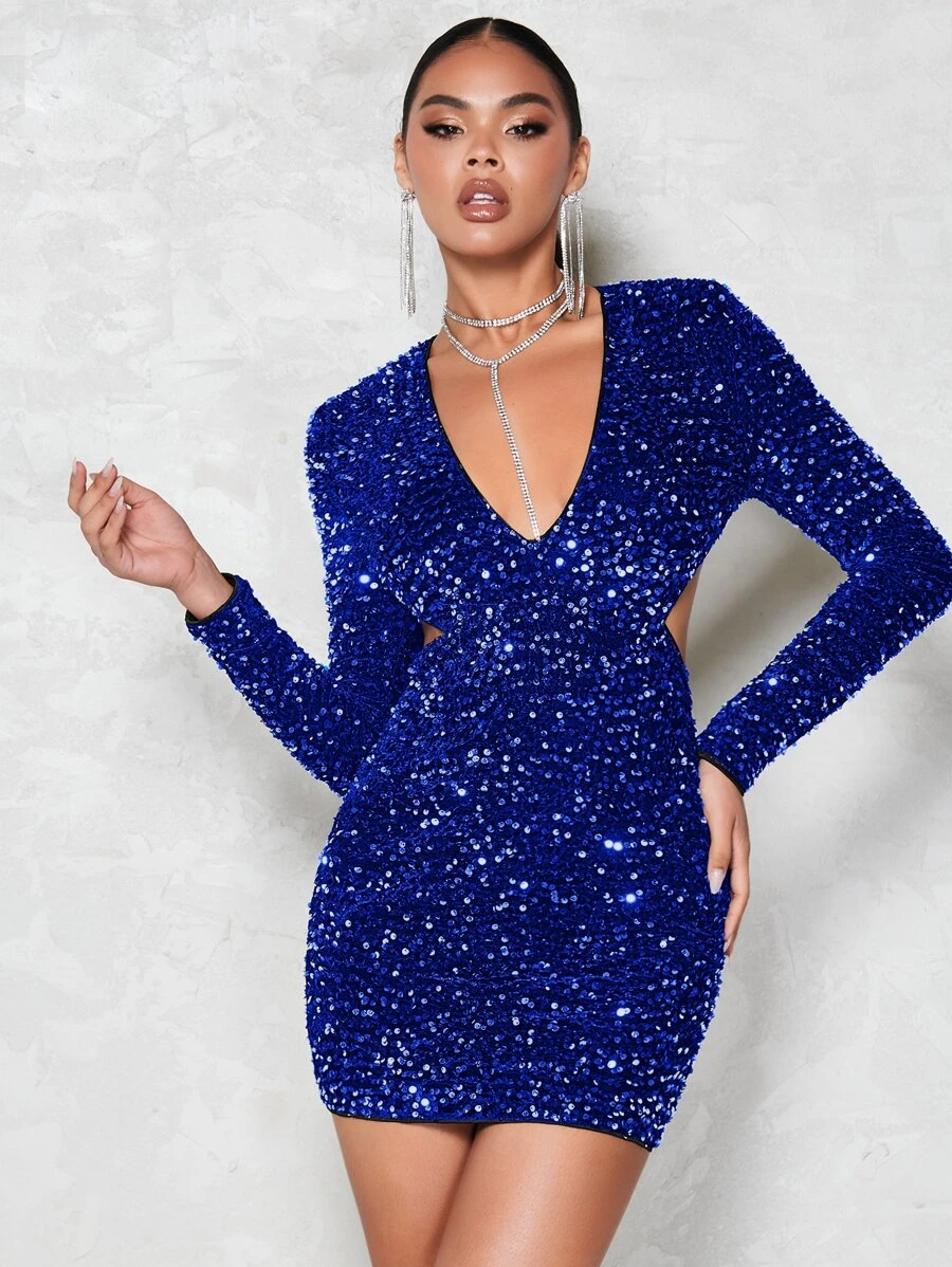 SHEIN BAE Vestido ajustado de cuello profundo con lentejuelas - azul real - Ver 1