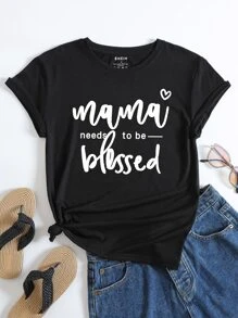 SHEIN LUNE Camiseta con estampado de slogan - Negro - Ver 1