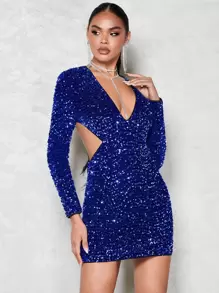SHEIN BAE Vestido ajustado de cuello profundo con lentejuelas - azul real - Ver 4