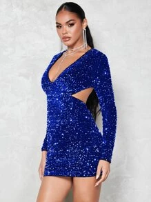 SHEIN BAE Vestido ajustado de cuello profundo con lentejuelas - azul real - Ver 5