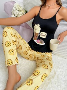 Cartoon Graphic Lettuce Trim PJ Set - Multicolor - View 1