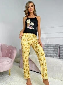 Cartoon Graphic Lettuce Trim PJ Set - Multicolor - View 4