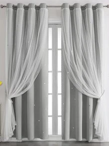 1pc Starry Hollow Polyester Blackout Curtain With Lace, Girls' Princess Style Dual-Layer Window Treatment Darkening Curtain