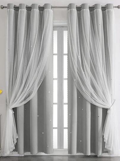 スターリーホローポリエステルブラックアウトカーテン、レース付き、ガールズプリンセススタイルの2層式窓処理用遮光カーテン