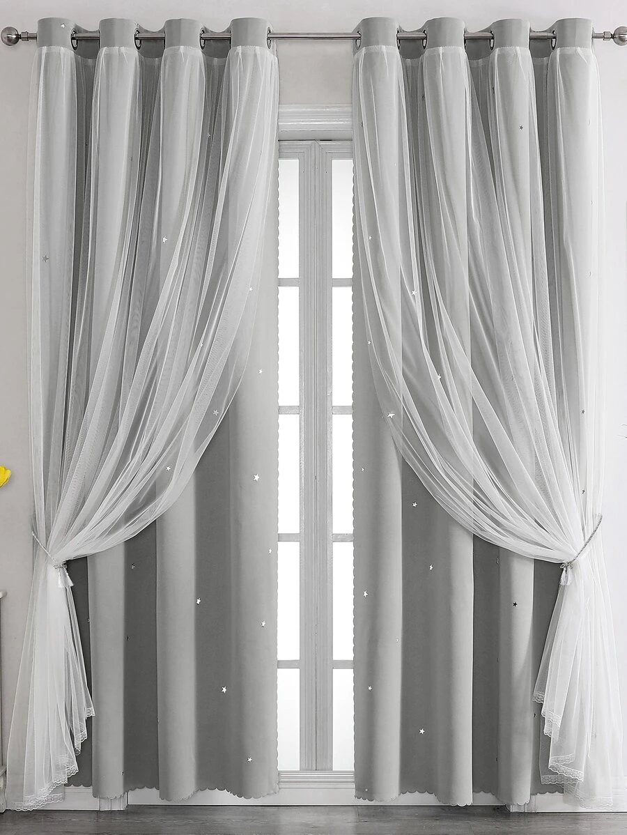 1pc Starry Hollow Polyester Blackout Curtain With Lace, Girls' Princess Style Dual-Layer Window Treatment Darkening Curtain
