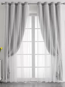 1pc Starry Hollow Polyester Blackout Curtain With Lace, Girls' Princess Style Dual-Layer Window Treatment Darkening Curtain