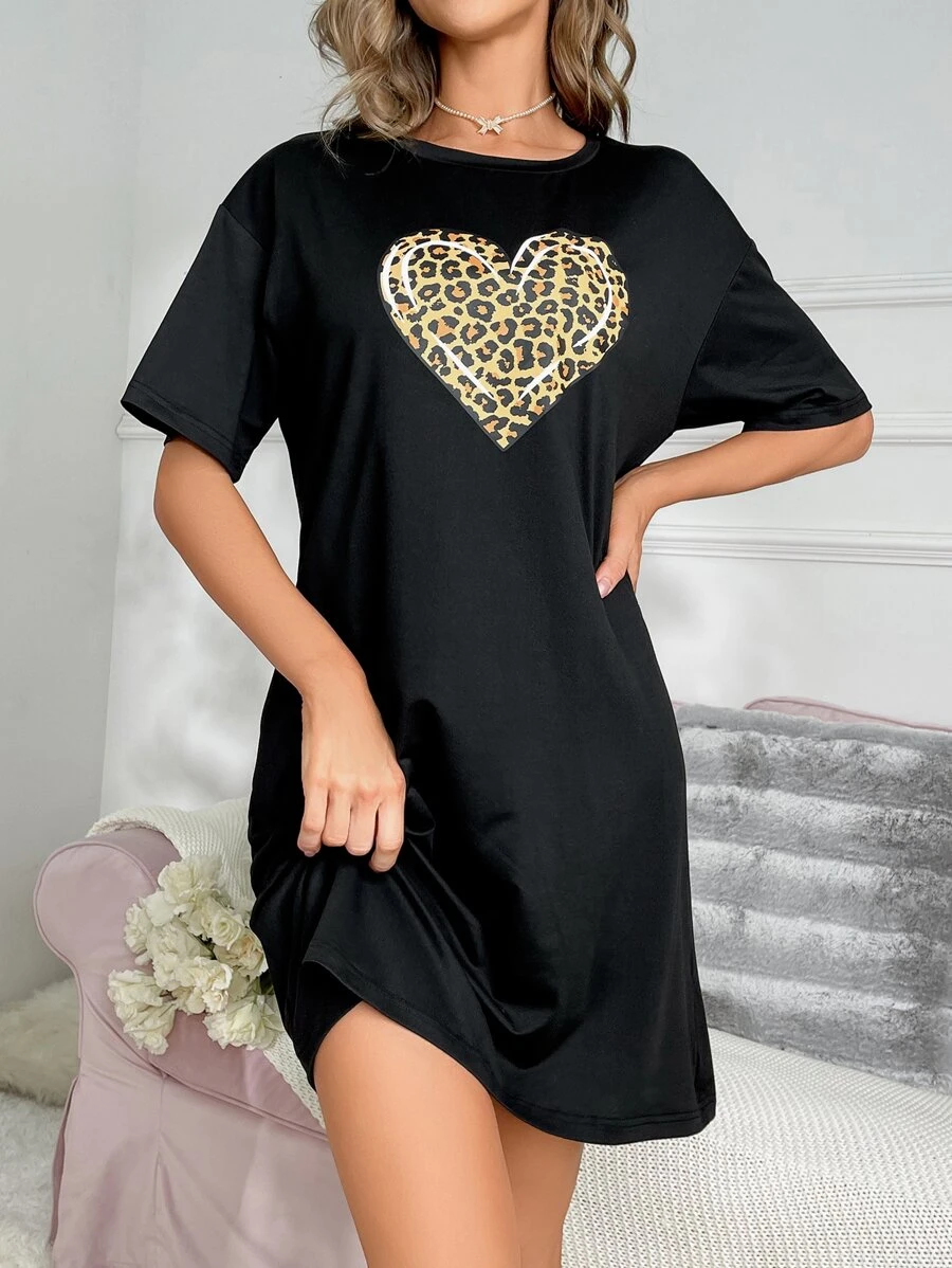 Leopard & Heart Print Drop Shoulder Pajama Nightdress, Moo Moo Night Dress - Black - View 1