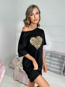 Leopard & Heart Print Drop Shoulder Pajama Nightdress, Moo Moo Night Dress - Black - View 3