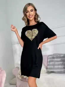 Leopard & Heart Print Drop Shoulder Pajama Nightdress, Moo Moo Night Dress - Black - View 4