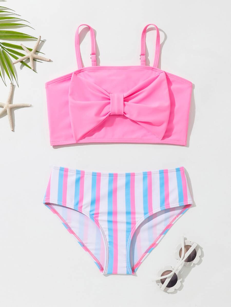 Young Girl Striped Bow Front Bikini Set Summer Beach - Multicolor - View 1