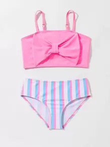 Young Girl Striped Bow Front Bikini Set Summer Beach - Multicolor - View 3