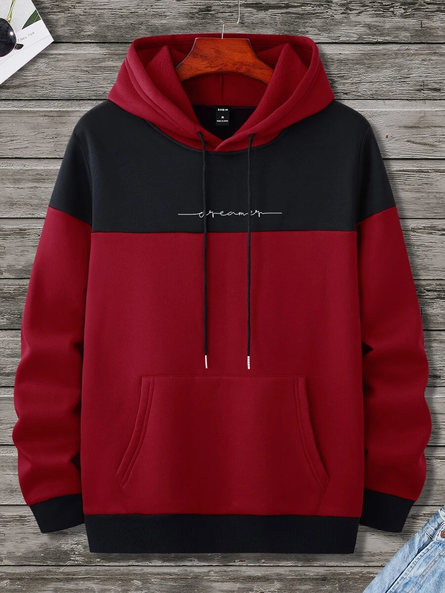 Manfinity Homme Men Two Tone Letter Graphic Kangaroo Pocket Drawstring Thermal Lined Hoodie - Burgundy - View 1