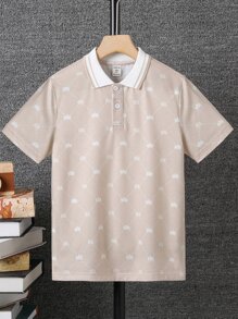 Áo có cổ Trai Nút phía trước Tất cả trên in Giải trí - Màu Khaki - Xem 1