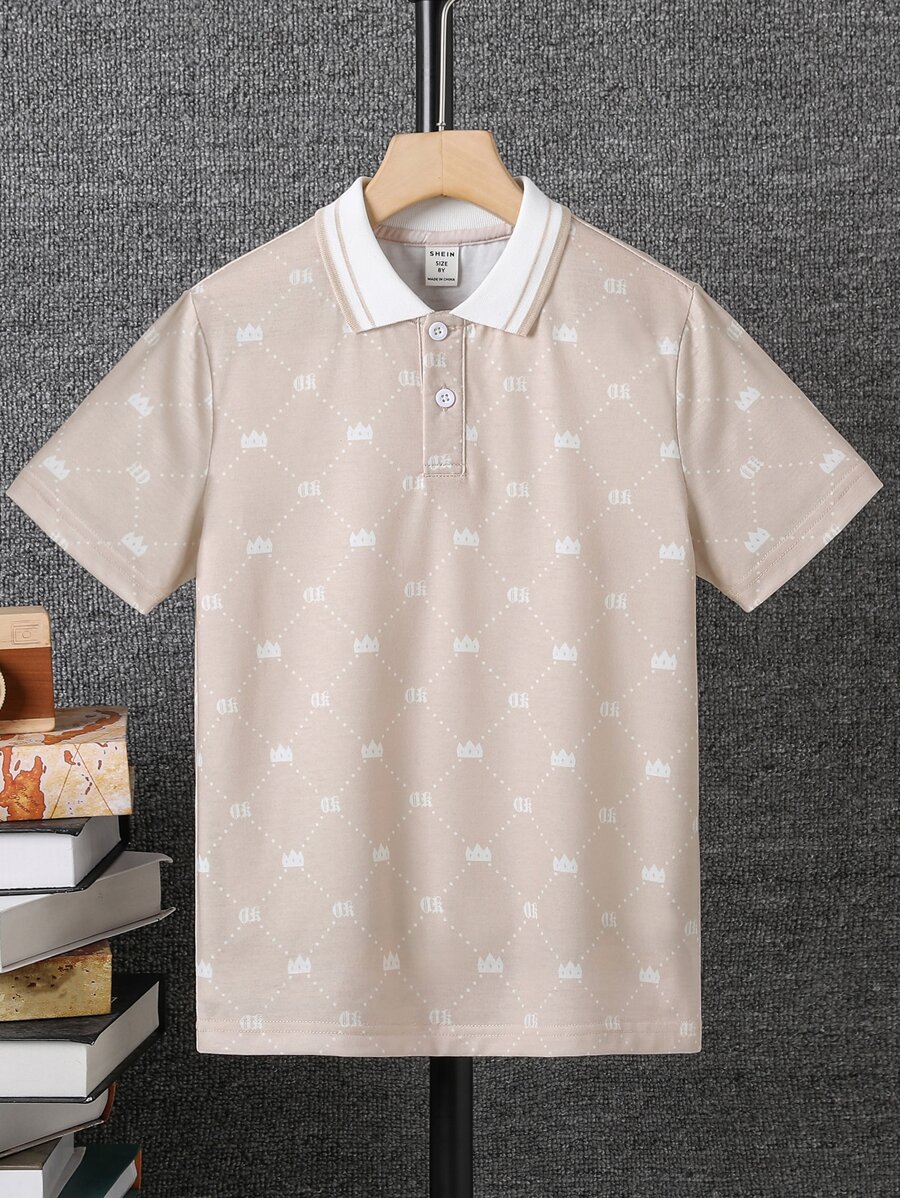 Áo có cổ Trai Nút phía trước Tất cả trên in Giải trí - Màu Khaki - Xem 1