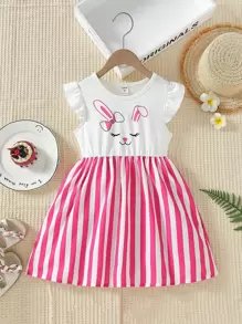 Toddler Girls Rabbit & Striped Print Ruffle Trim Dress - Multicolor - View 1