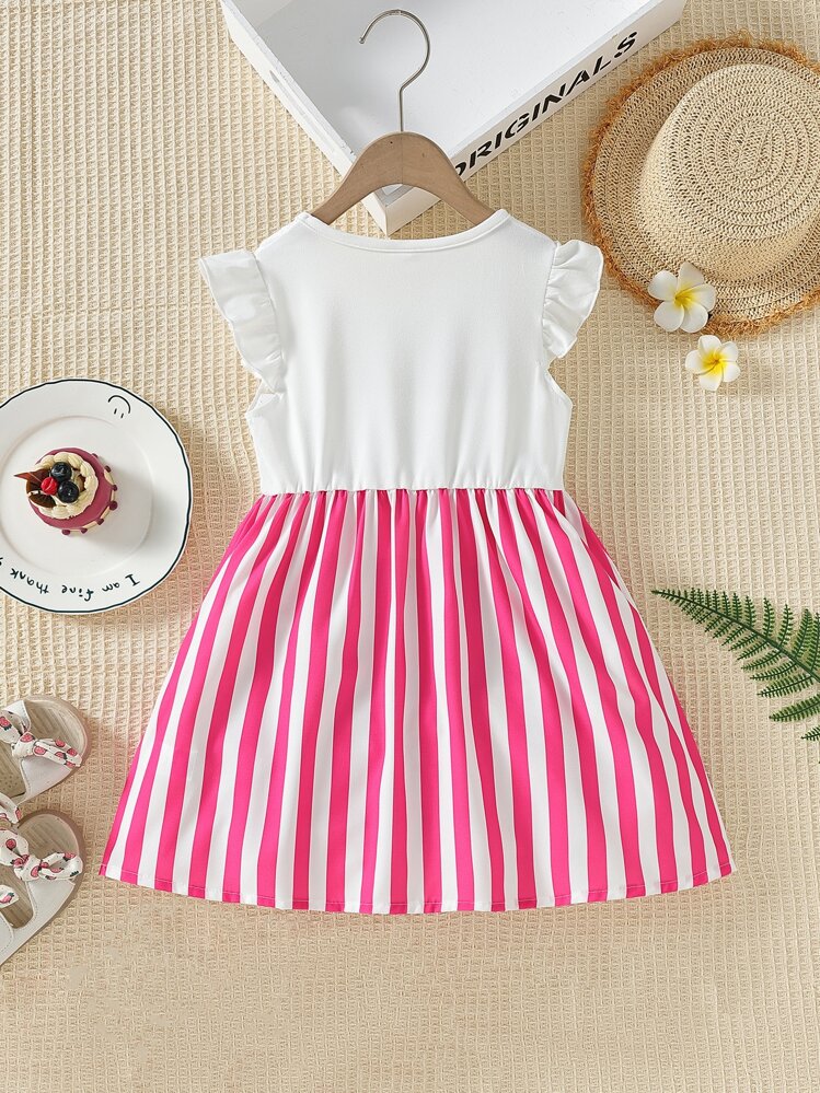 Toddler Girls Rabbit & Striped Print Ruffle Trim Dress - Multicolor - View 2