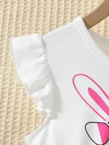 Toddler Girls Rabbit & Striped Print Ruffle Trim Dress - Multicolor - View 3