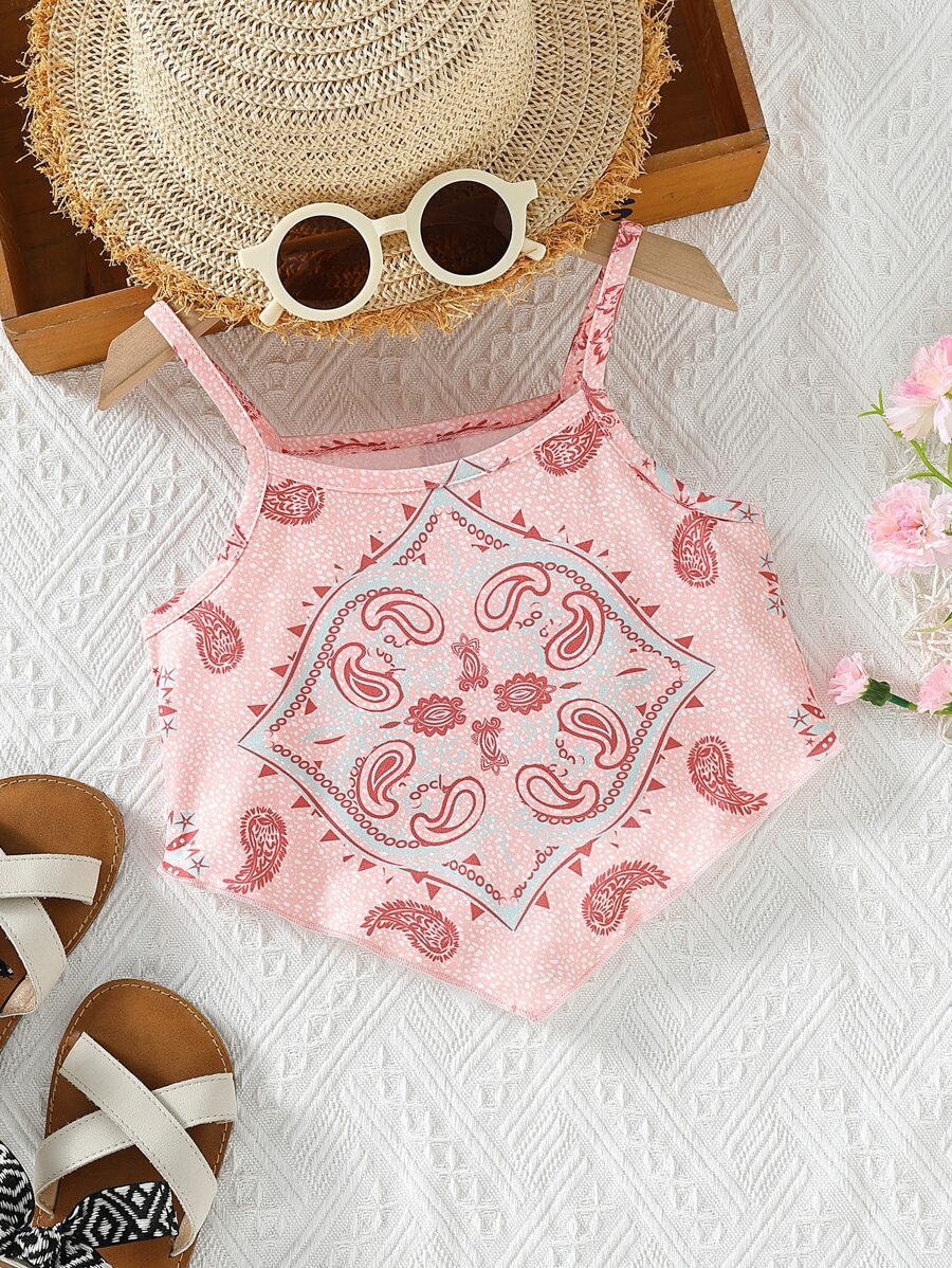 小女童佩斯利印花頭巾下擺吊帶上衣