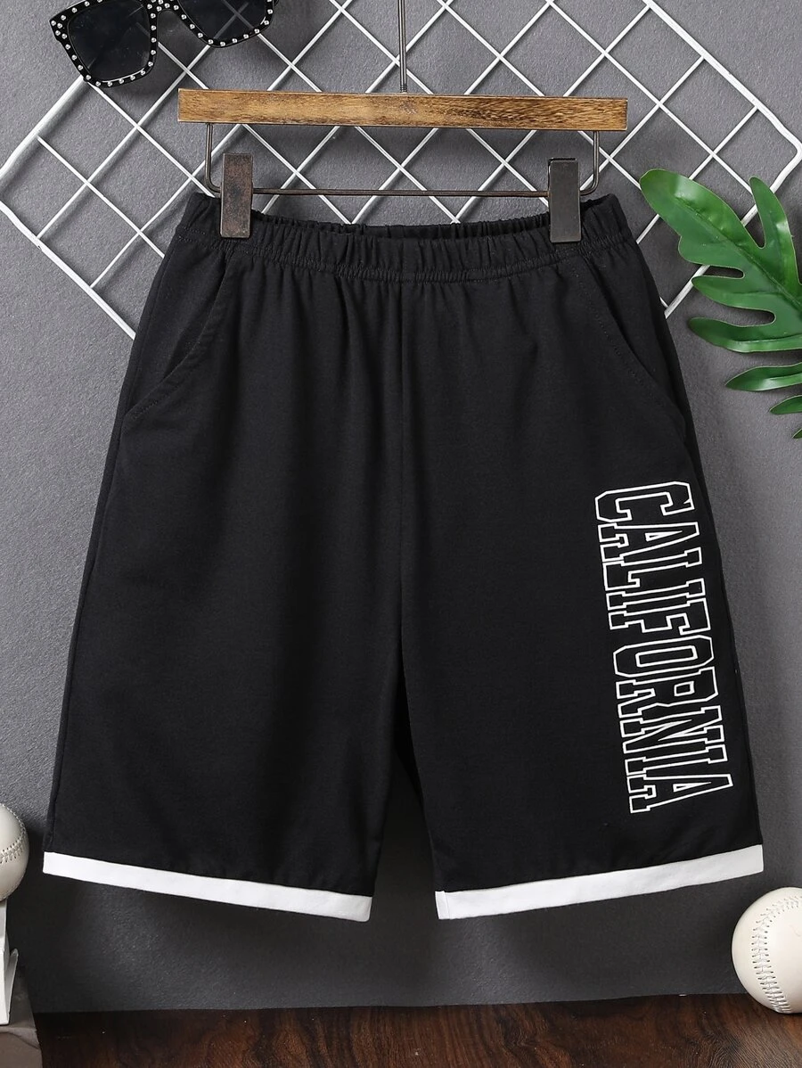 Boys Letter Graphic Contrast Trim Shorts - Black - View 1