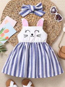 Baby Girl Cartoon & Striped Print 3D Ear Design Cami Dress - Blue and White - View 1