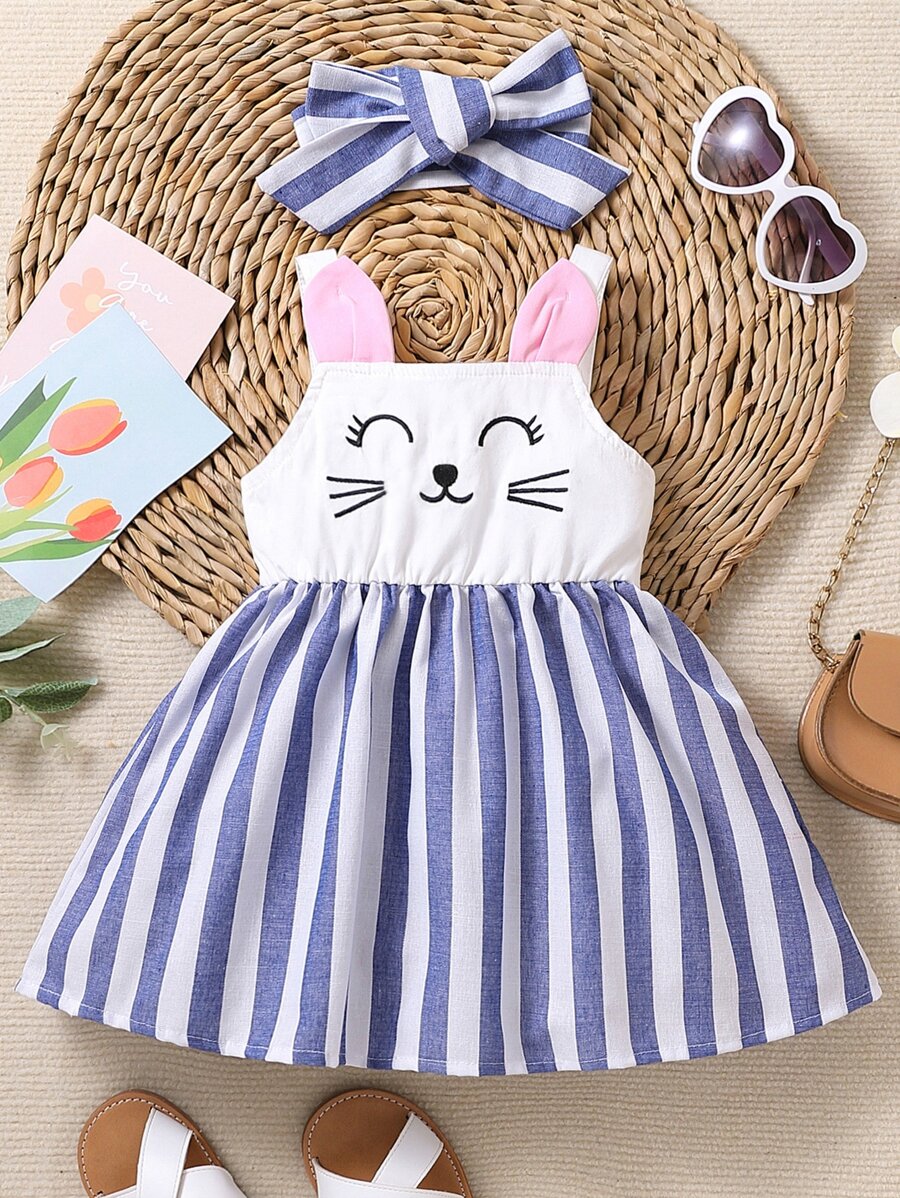 Baby Girl Cartoon & Striped Print 3D Ear Design Cami Dress - Blue and White - View 1