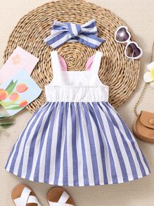 Baby Girl Cartoon & Striped Print 3D Ear Design Cami Dress - Blue and White - View 2