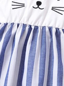 Baby Girl Cartoon & Striped Print 3D Ear Design Cami Dress - Blue and White - View 4