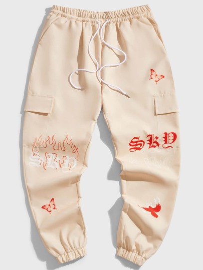 Street Life Guys Fire Letter Graphic Drawstring Waist Cargo Pants