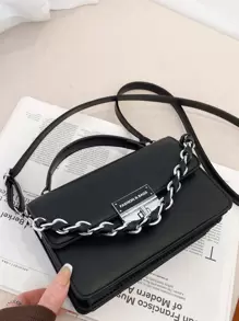 字母圖案扭鎖鏈條裝飾翻蓋方包 - 黑色 - 查看 4