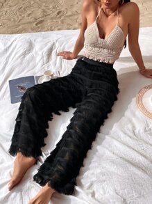 SHEIN VCAY Solid Fringe Trim Trousers - Black - View 1
