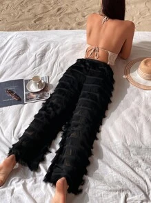 SHEIN VCAY Solid Fringe Trim Trousers - Black - View 2