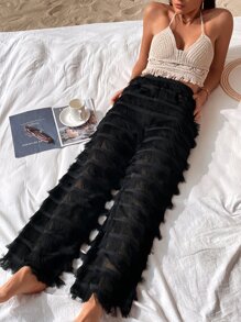 SHEIN VCAY Solid Fringe Trim Trousers - Black - View 3