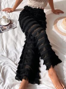 SHEIN VCAY Solid Fringe Trim Trousers - Black - View 4