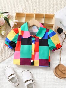 Toddler Girls Colour Block Puff Sleeve Crop Shirt - Multicolor - View 1