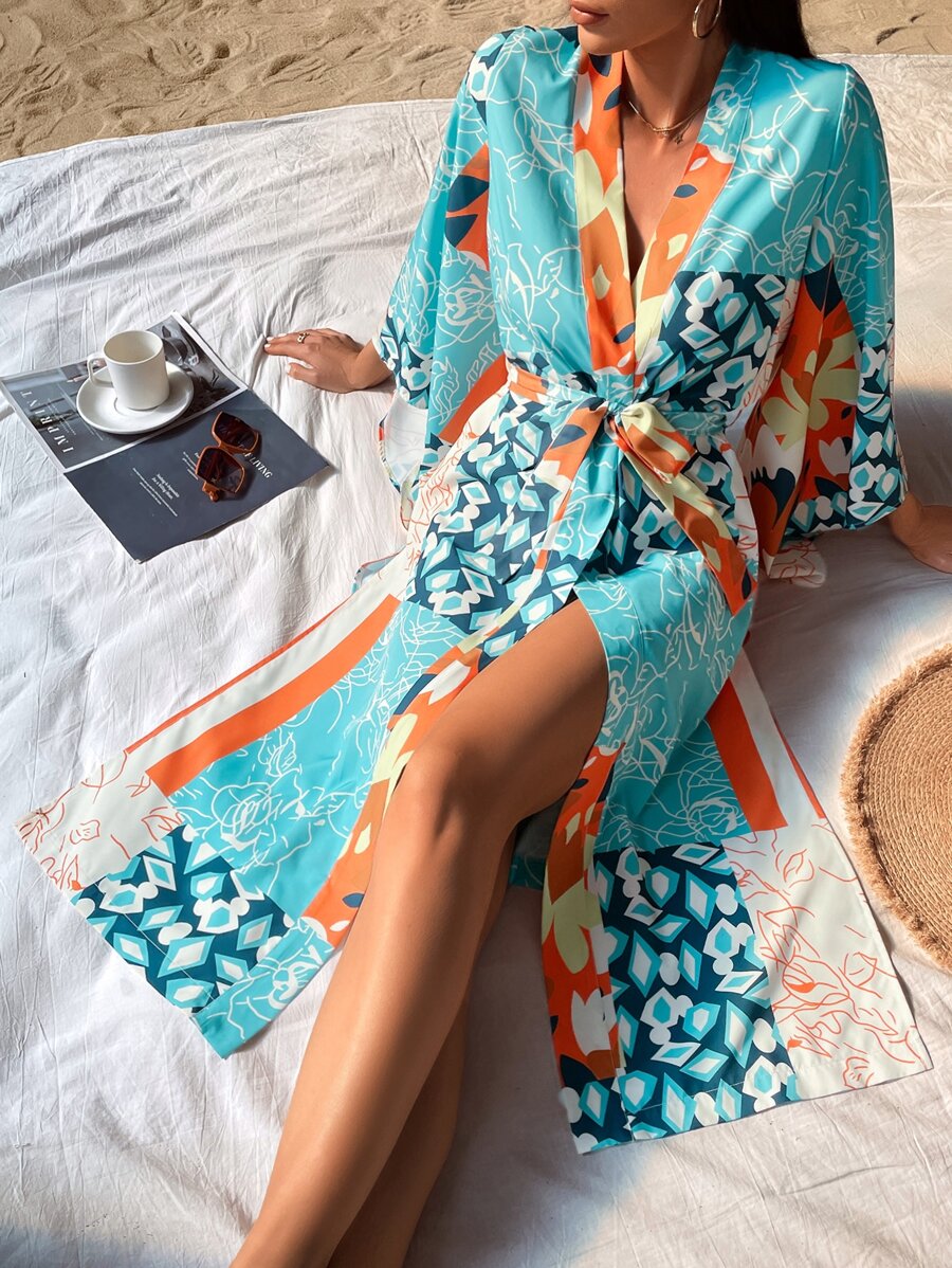 Floral Print Belted Kimono - Multicolor - View 1