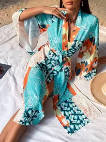 Floral Print Belted Kimono - Multicolor - View 4