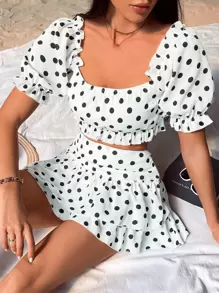 SHEIN VCAY Polka Dot Print Puff Sleeve Crop Top & Ruffle Hem Skirt - White - View 3